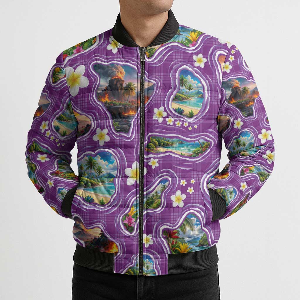 Hawaiian Island Shapes-Iconic Landscape Bomber Puffer Jacket with Plumeria and Palaka Purple Color