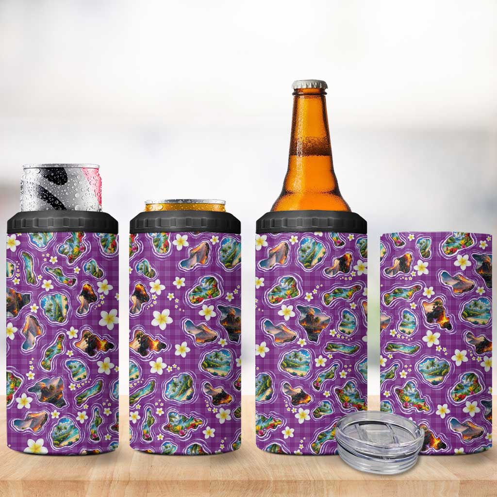 Hawaiian Island Shapes-Iconic Landscape 4 in 1 Can Cooler Tumbler with Plumeria and Palaka Purple Color LT03 - Polynesian Pride
