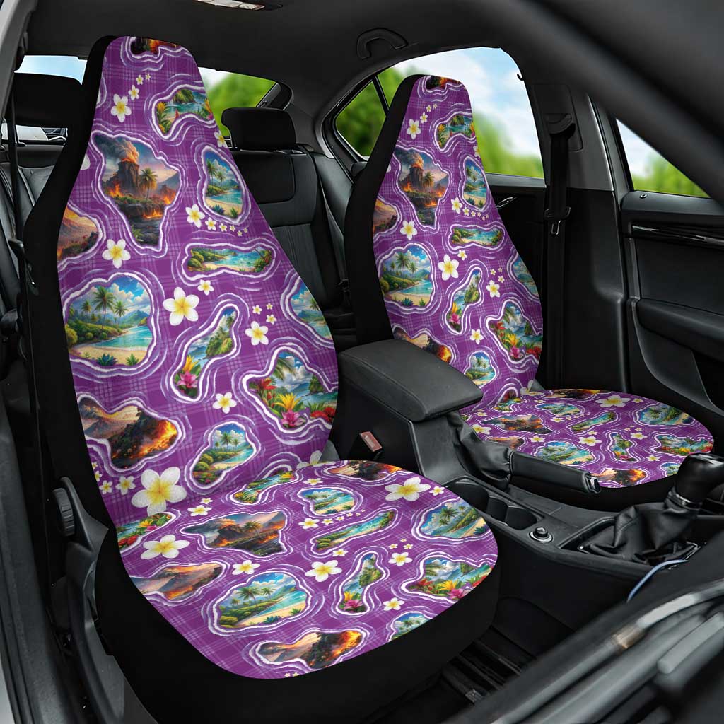Hawaiian Island Shapes-Iconic Landscape Car Seat Cover with Plumeria and Palaka Purple Color LT03 One Size Purple - Polynesian Pride