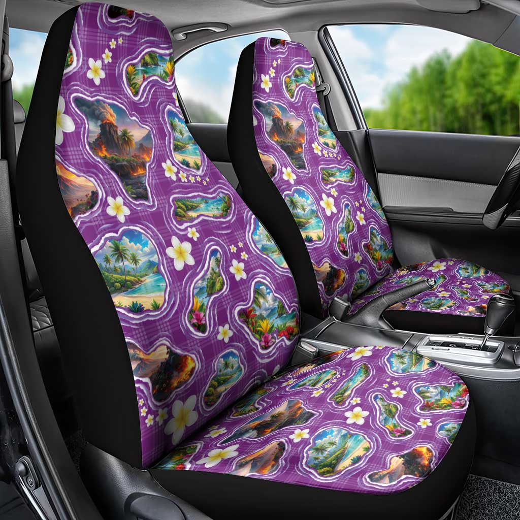 Hawaiian Island Shapes-Iconic Landscape Car Seat Cover with Plumeria and Palaka Purple Color LT03 - Polynesian Pride