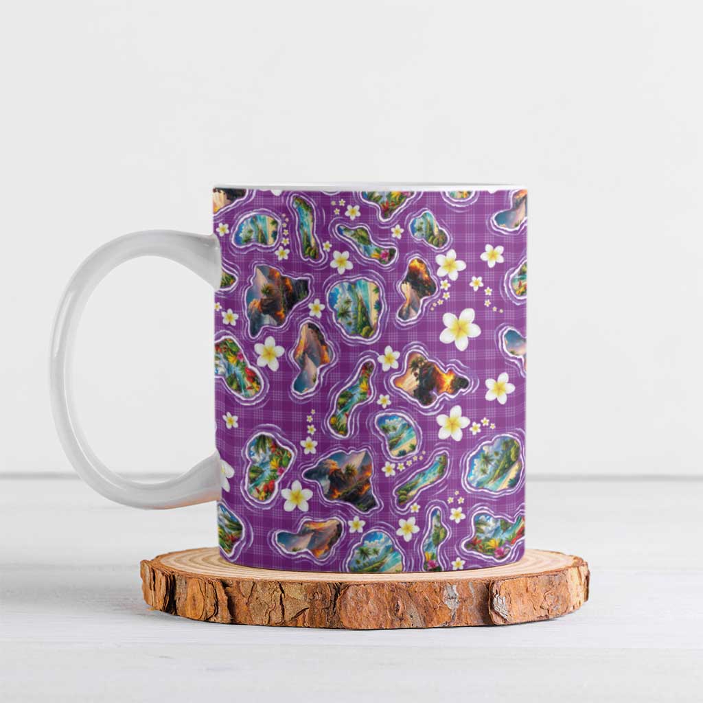 Hawaiian Island Shapes-Iconic Landscape Ceramic Mug with Plumeria and Palaka Purple Color