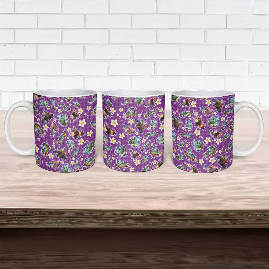 Hawaiian Island Shapes-Iconic Landscape Ceramic Mug with Plumeria and Palaka Purple Color
