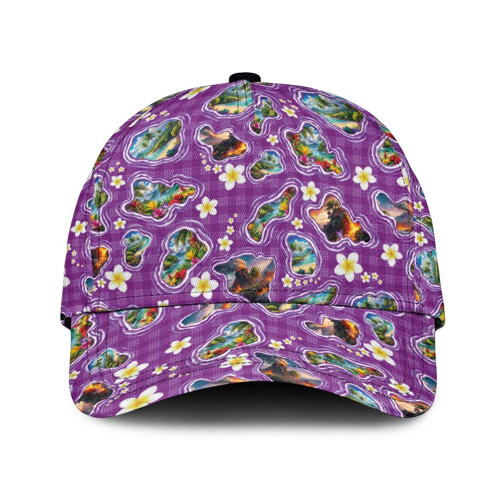 Hawaiian Island Shapes-Iconic Landscape Classic Cap with Plumeria and Palaka Purple Color