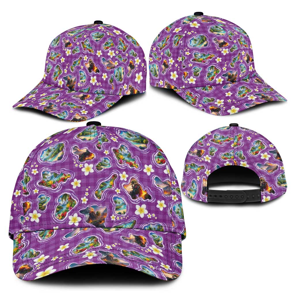 Hawaiian Island Shapes-Iconic Landscape Classic Cap with Plumeria and Palaka Purple Color