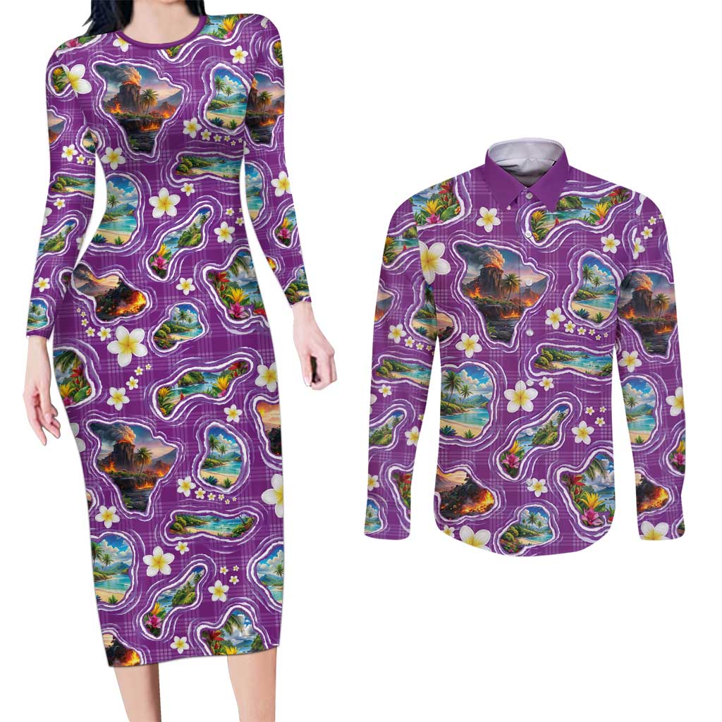 Hawaiian Island Shapes-Iconic Landscape Couples Matching Long Sleeve Bodycon Dress and Long Sleeve Button Shirt with Plumeria and Palaka Purple Color LT03 Purple - Polynesian Pride
