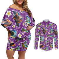 Hawaiian Island Shapes-Iconic Landscape Couples Matching Off Shoulder Short Dress and Long Sleeve Button Shirt with Plumeria and Palaka Purple Color LT03 Purple - Polynesian Pride
