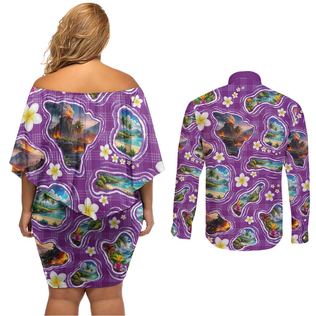 Hawaiian Island Shapes-Iconic Landscape Couples Matching Off Shoulder Short Dress and Long Sleeve Button Shirt with Plumeria and Palaka Purple Color LT03 - Polynesian Pride