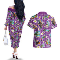 Hawaiian Island Shapes-Iconic Landscape Couples Matching Off The Shoulder Long Sleeve Dress and Hawaiian Shirt with Plumeria and Palaka Purple Color LT03 - Polynesian Pride