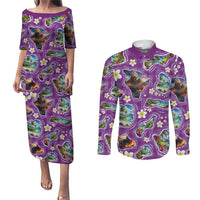 Hawaiian Island Shapes-Iconic Landscape Couples Matching Puletasi and Long Sleeve Button Shirt with Plumeria and Palaka Purple Color LT03 Purple - Polynesian Pride