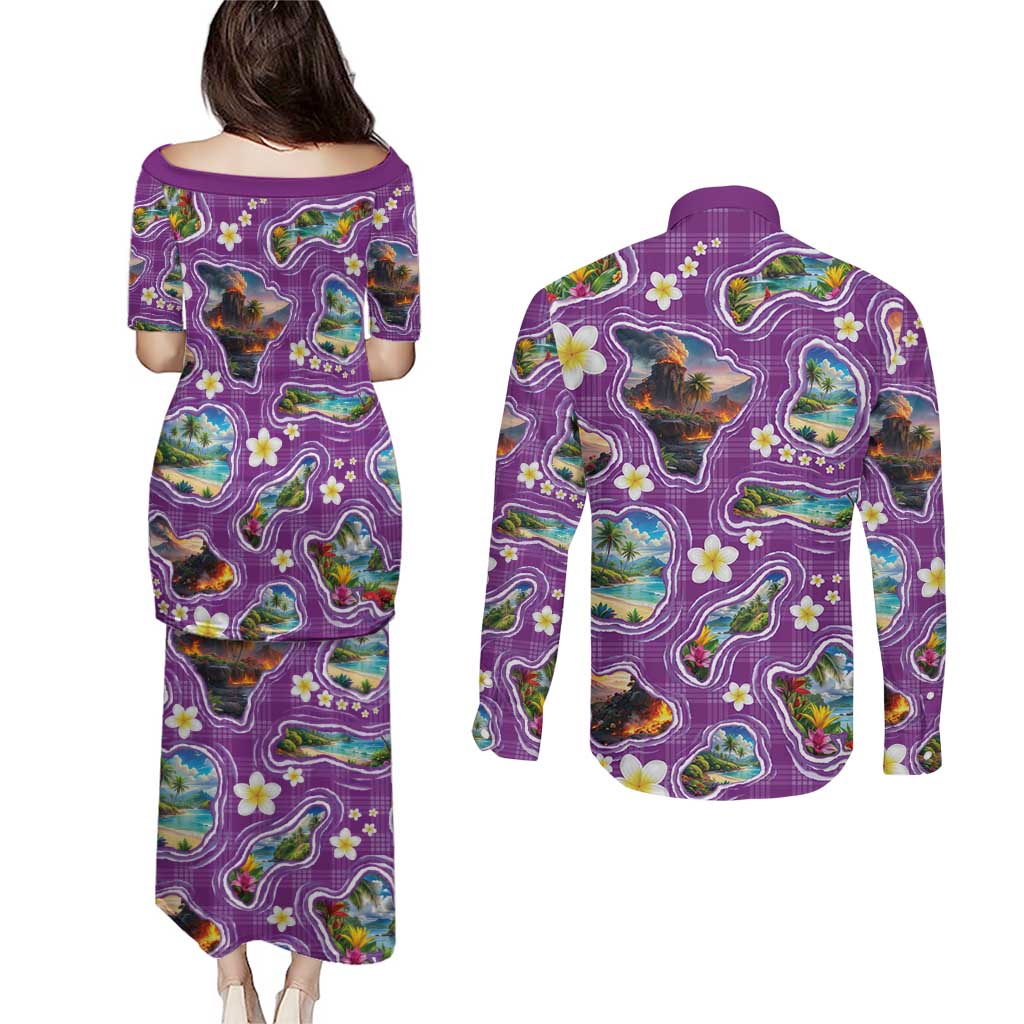 Hawaiian Island Shapes-Iconic Landscape Couples Matching Puletasi and Long Sleeve Button Shirt with Plumeria and Palaka Purple Color LT03 - Polynesian Pride