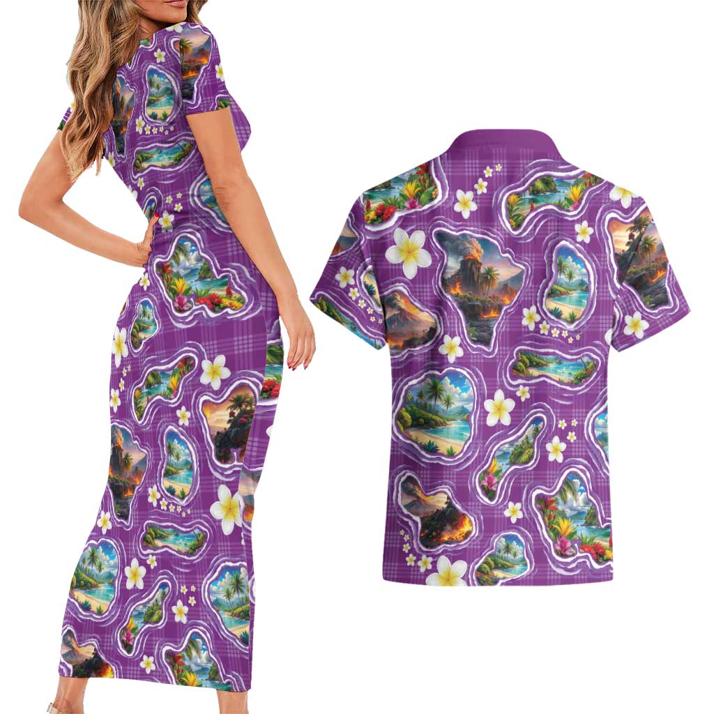 Hawaiian Island Shapes-Iconic Landscape Couples Matching Short Sleeve Bodycon Dress and Hawaiian Shirt with Plumeria and Palaka Purple Color LT03 - Polynesian Pride