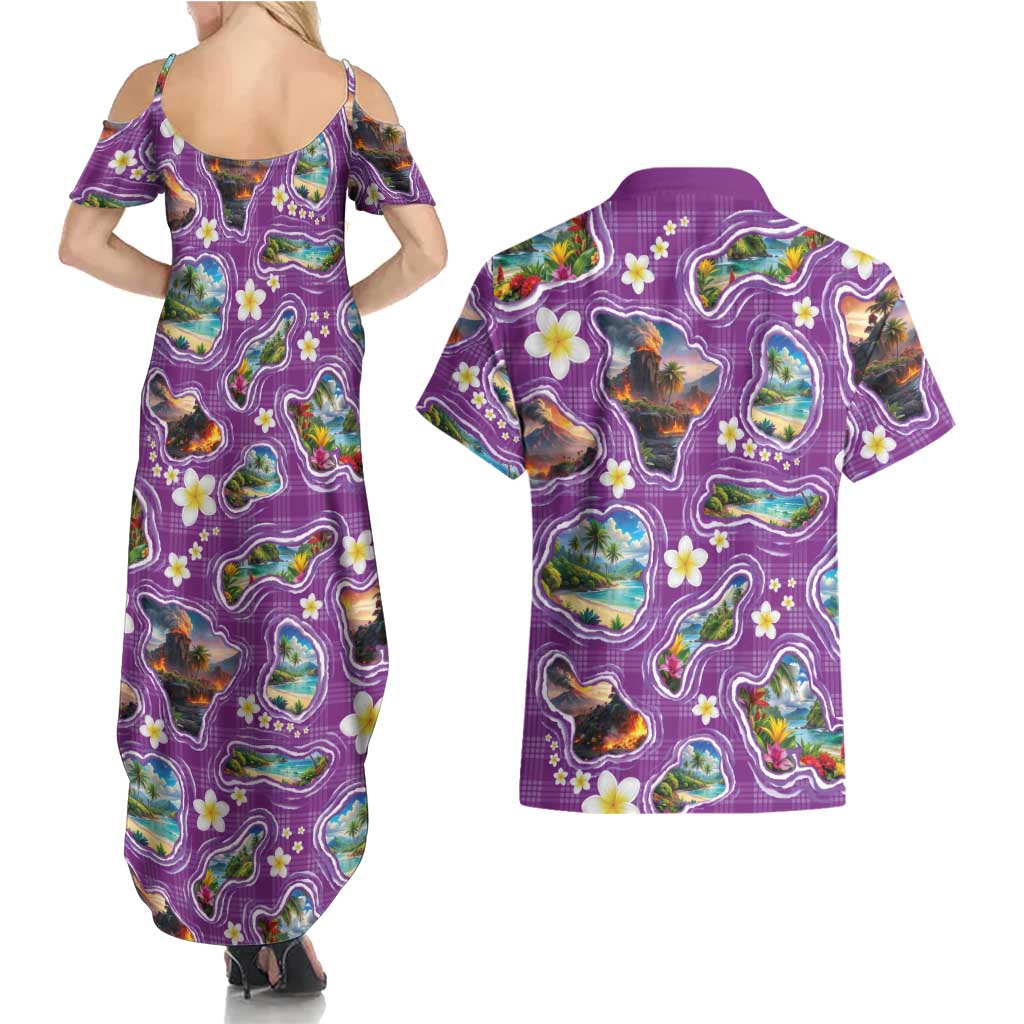 Hawaiian Island Shapes-Iconic Landscape Couples Matching Summer Maxi Dress and Hawaiian Shirt with Plumeria and Palaka Purple Color LT03 - Polynesian Pride