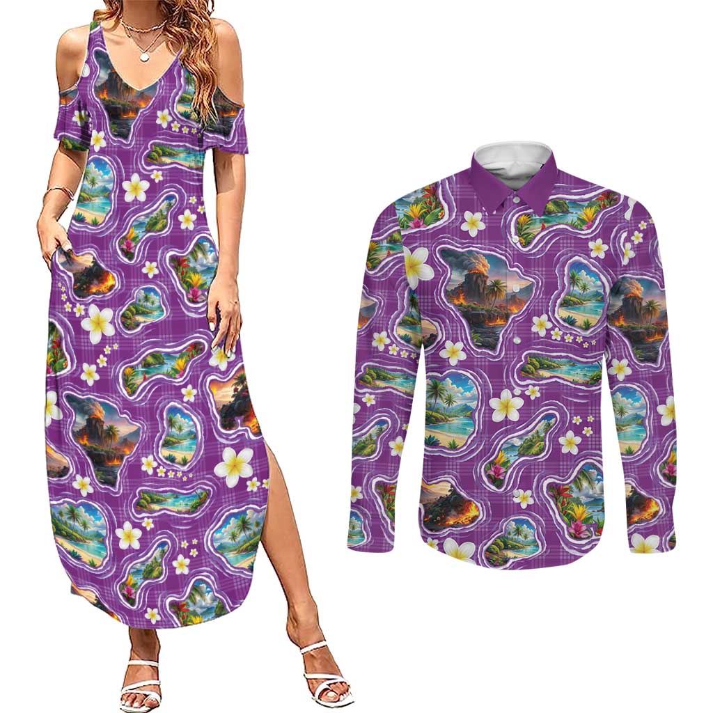 Hawaiian Island Shapes-Iconic Landscape Couples Matching Summer Maxi Dress and Long Sleeve Button Shirt with Plumeria and Palaka Purple Color LT03 Purple - Polynesian Pride