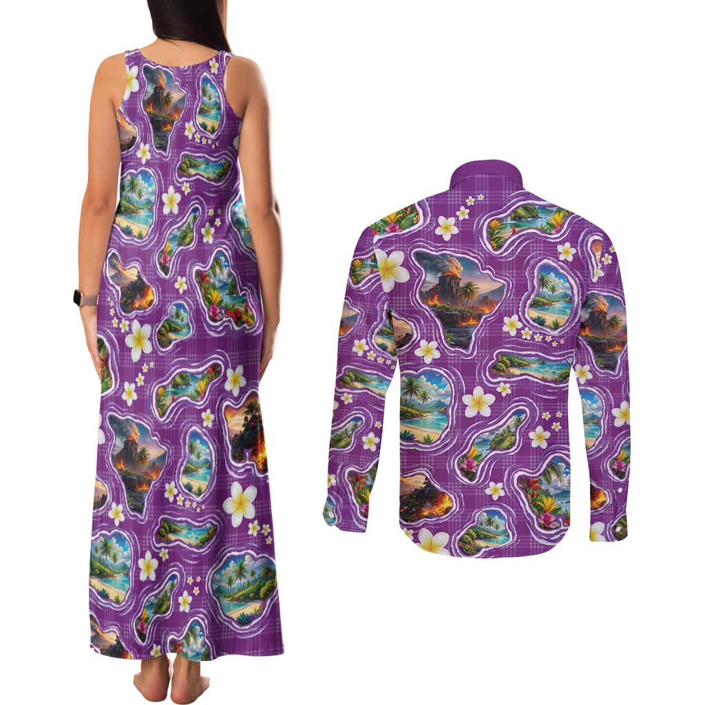 Hawaiian Island Shapes-Iconic Landscape Couples Matching Tank Maxi Dress and Long Sleeve Button Shirt with Plumeria and Palaka Purple Color LT03 - Polynesian Pride