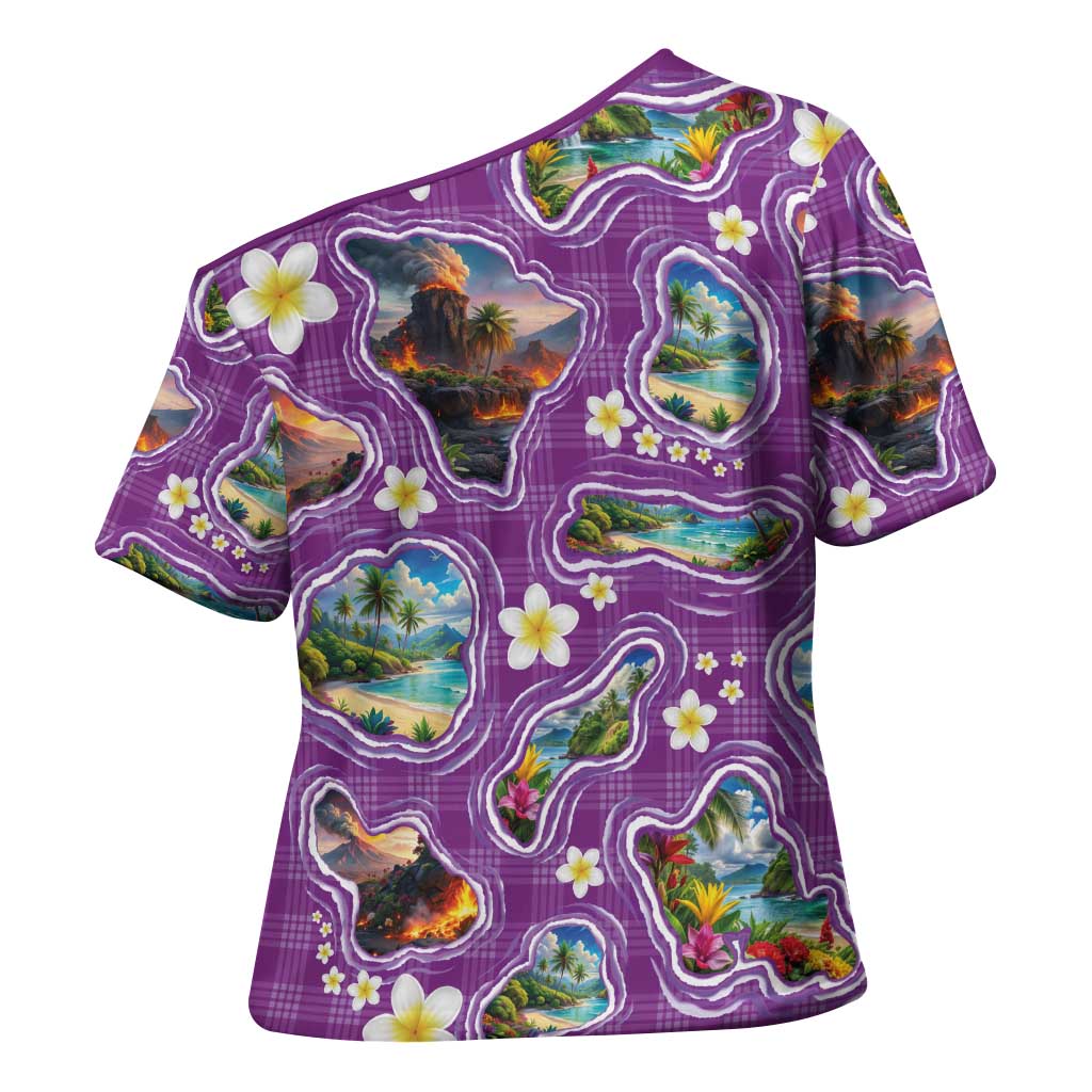 Hawaiian Island Shapes-Iconic Landscape Cross Shoulder Shirt with Plumeria and Palaka Purple Color LT03 - Polynesian Pride