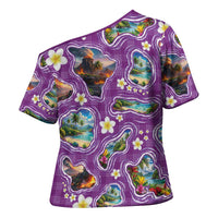 Hawaiian Island Shapes-Iconic Landscape Cross Shoulder Shirt with Plumeria and Palaka Purple Color LT03 - Polynesian Pride