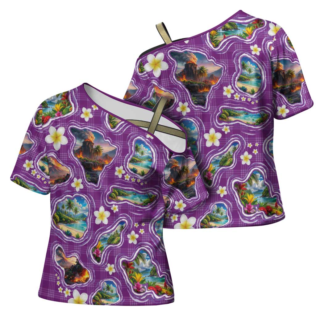 Hawaiian Island Shapes-Iconic Landscape Cross Shoulder Shirt with Plumeria and Palaka Purple Color LT03 - Polynesian Pride