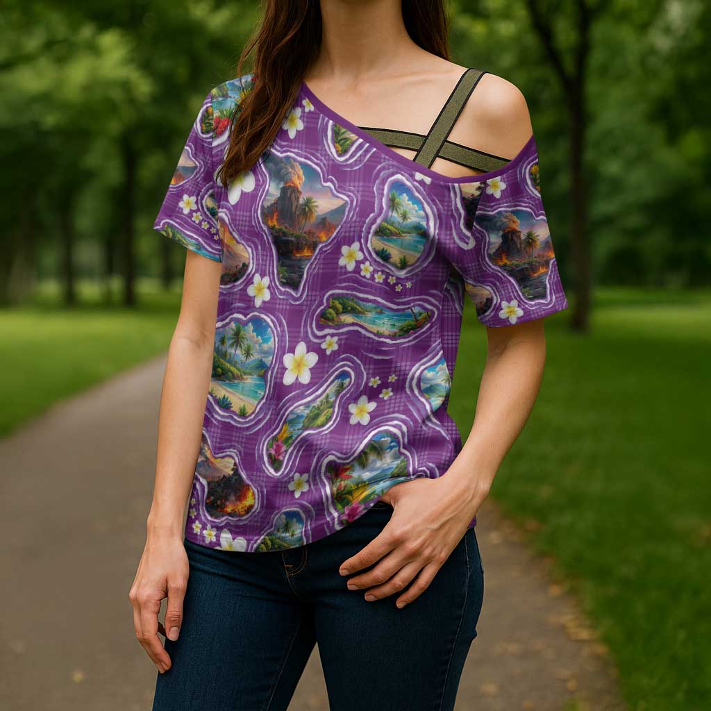 Hawaiian Island Shapes-Iconic Landscape Cross Shoulder Shirt with Plumeria and Palaka Purple Color LT03 - Polynesian Pride