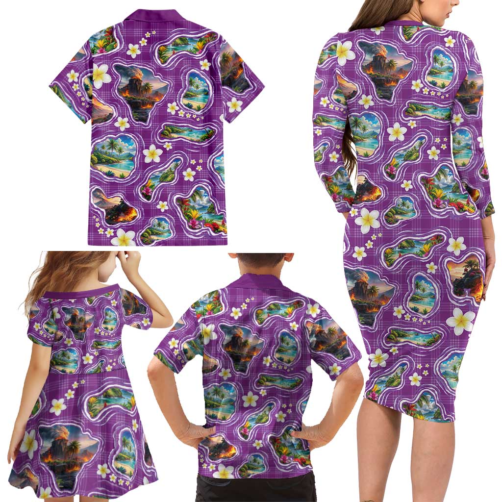 Hawaiian Island Shapes-Iconic Landscape Family Matching Long Sleeve Bodycon Dress and Hawaiian Shirt with Plumeria and Palaka Purple Color LT03 - Polynesian Pride