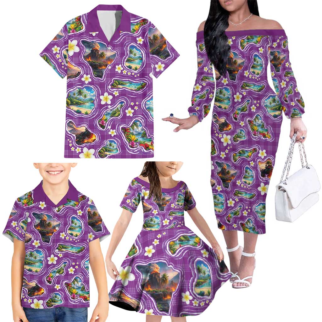 Hawaiian Island Shapes-Iconic Landscape Family Matching Off The Shoulder Long Sleeve Dress and Hawaiian Shirt with Plumeria and Palaka Purple Color LT03 - Polynesian Pride