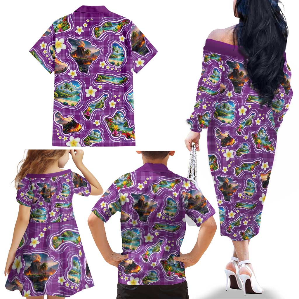 Hawaiian Island Shapes-Iconic Landscape Family Matching Off The Shoulder Long Sleeve Dress and Hawaiian Shirt with Plumeria and Palaka Purple Color LT03 - Polynesian Pride