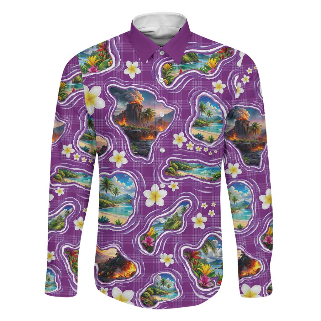 Hawaiian Island Shapes-Iconic Landscape Family Matching Off The Shoulder Long Sleeve Dress and Hawaiian Shirt with Plumeria and Palaka Purple Color LT03 Dad's Shirt - Long Sleeve Purple - Polynesian Pride