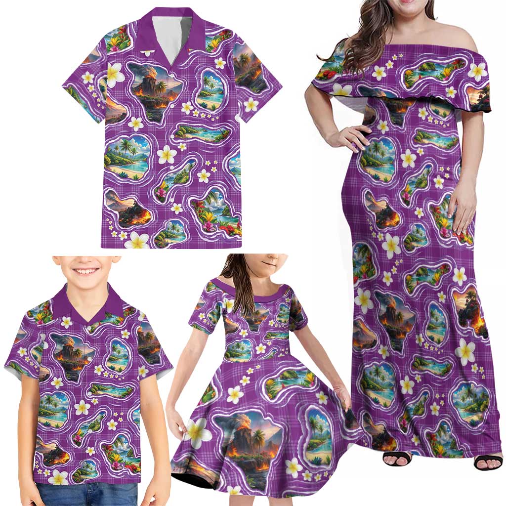 Hawaiian Island Shapes-Iconic Landscape Family Matching Off Shoulder Maxi Dress and Hawaiian Shirt with Plumeria and Palaka Purple Color