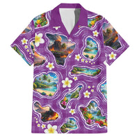 Hawaiian Island Shapes-Iconic Landscape Family Matching Off Shoulder Maxi Dress and Hawaiian Shirt with Plumeria and Palaka Purple Color LT03 Dad's Shirt - Short Sleeve Purple - Polynesian Pride