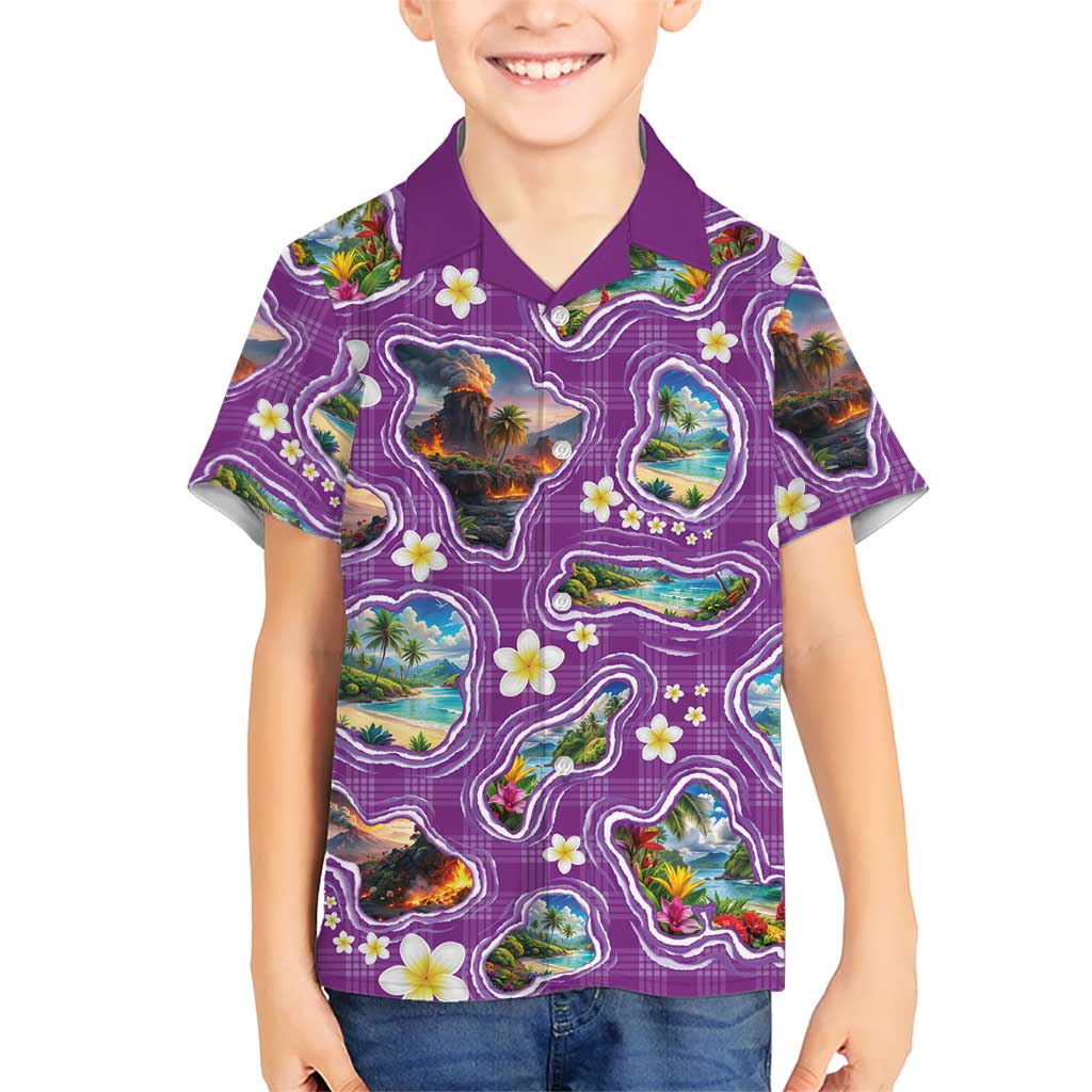 Hawaiian Island Shapes-Iconic Landscape Family Matching Off Shoulder Maxi Dress and Hawaiian Shirt with Plumeria and Palaka Purple Color LT03 Son's Shirt Purple - Polynesian Pride