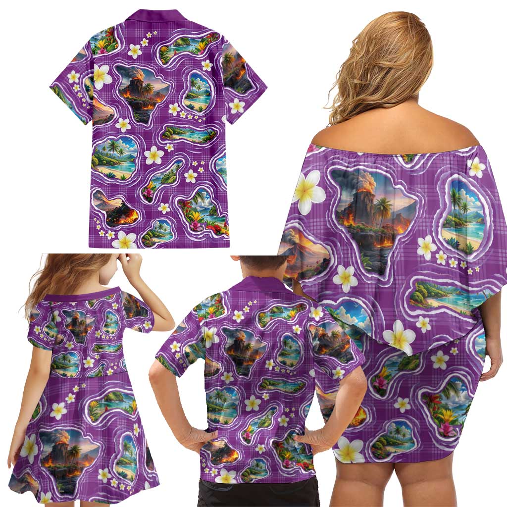 Hawaiian Island Shapes-Iconic Landscape Family Matching Off Shoulder Short Dress and Hawaiian Shirt with Plumeria and Palaka Purple Color LT03 - Polynesian Pride