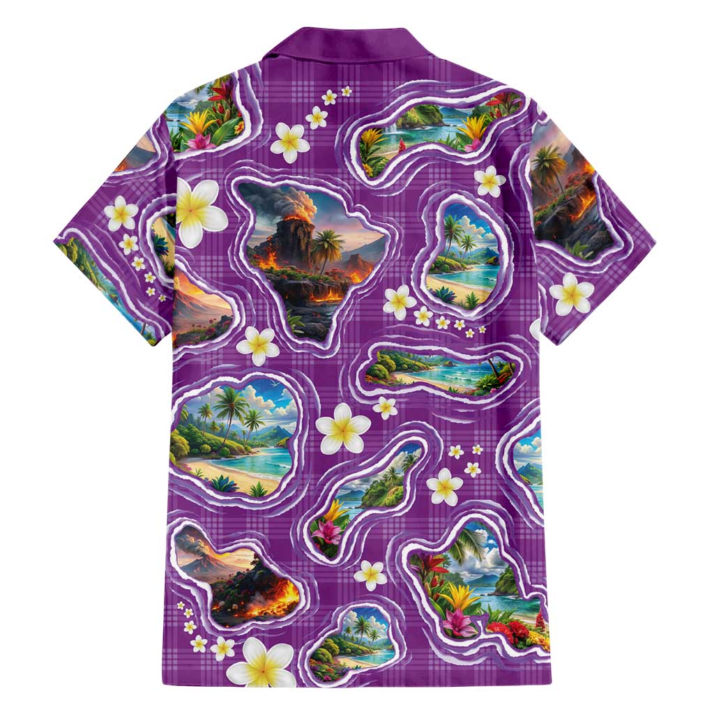 Hawaiian Island Shapes-Iconic Landscape Family Matching Off Shoulder Short Dress and Hawaiian Shirt with Plumeria and Palaka Purple Color LT03 - Polynesian Pride