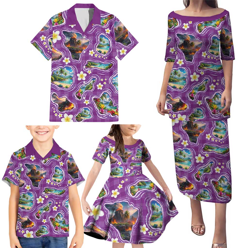Hawaiian Island Shapes-Iconic Landscape Family Matching Puletasi and Hawaiian Shirt with Plumeria and Palaka Purple Color