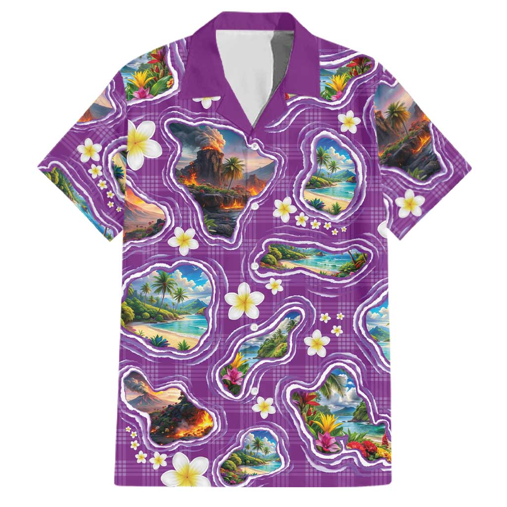 Hawaiian Island Shapes-Iconic Landscape Family Matching Puletasi and Hawaiian Shirt with Plumeria and Palaka Purple Color LT03 Dad's Shirt - Short Sleeve Purple - Polynesian Pride