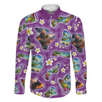 Hawaiian Island Shapes-Iconic Landscape Family Matching Puletasi and Hawaiian Shirt with Plumeria and Palaka Purple Color LT03 Dad's Shirt - Long Sleeve Purple - Polynesian Pride