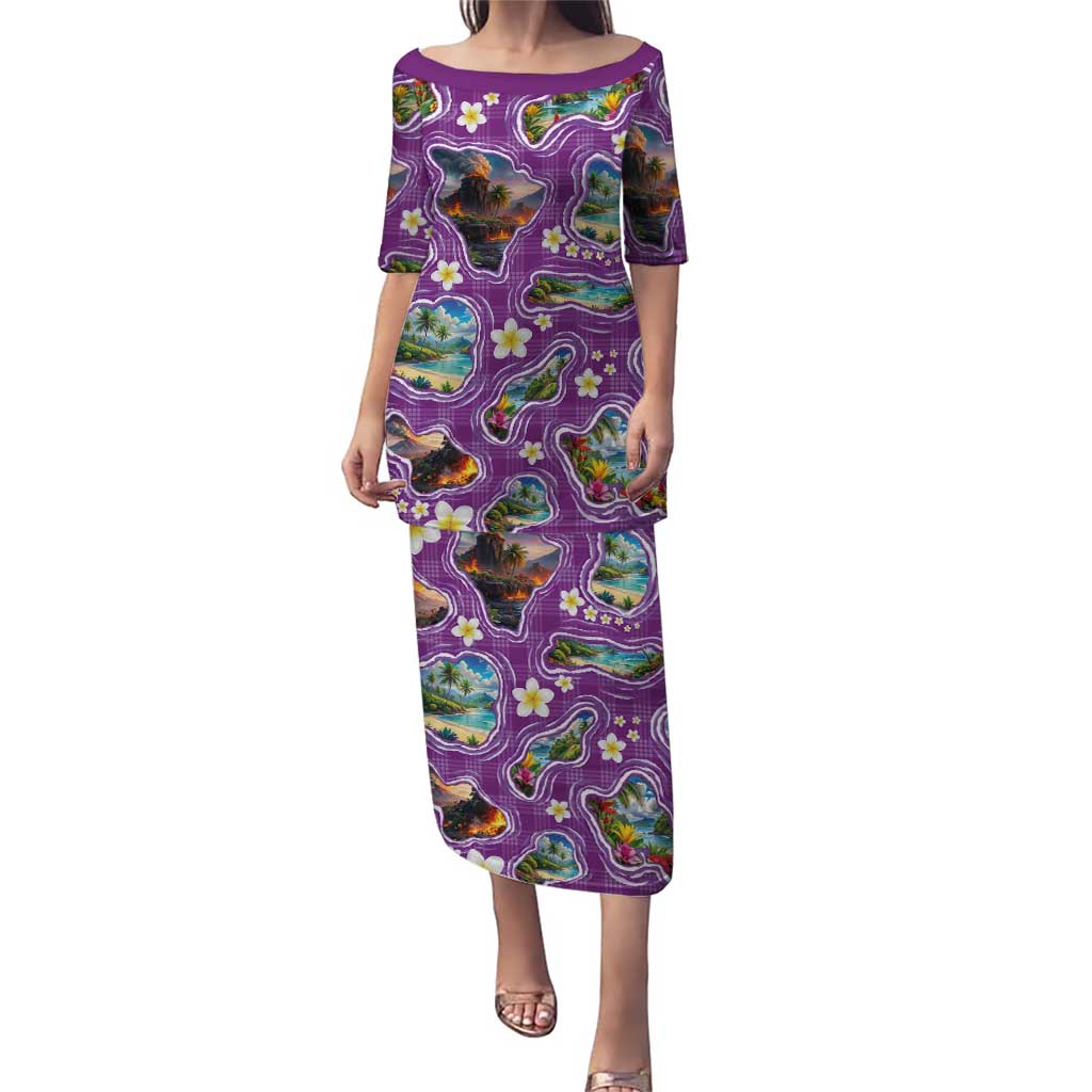 Hawaiian Island Shapes-Iconic Landscape Family Matching Puletasi and Hawaiian Shirt with Plumeria and Palaka Purple Color LT03 Mom's Dress Purple - Polynesian Pride