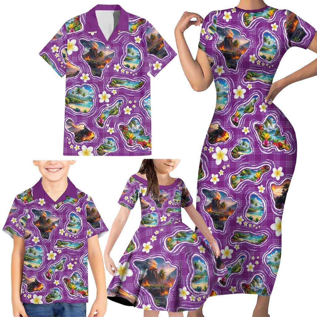 Hawaiian Island Shapes-Iconic Landscape Family Matching Short Sleeve Bodycon Dress and Hawaiian Shirt with Plumeria and Palaka Purple Color