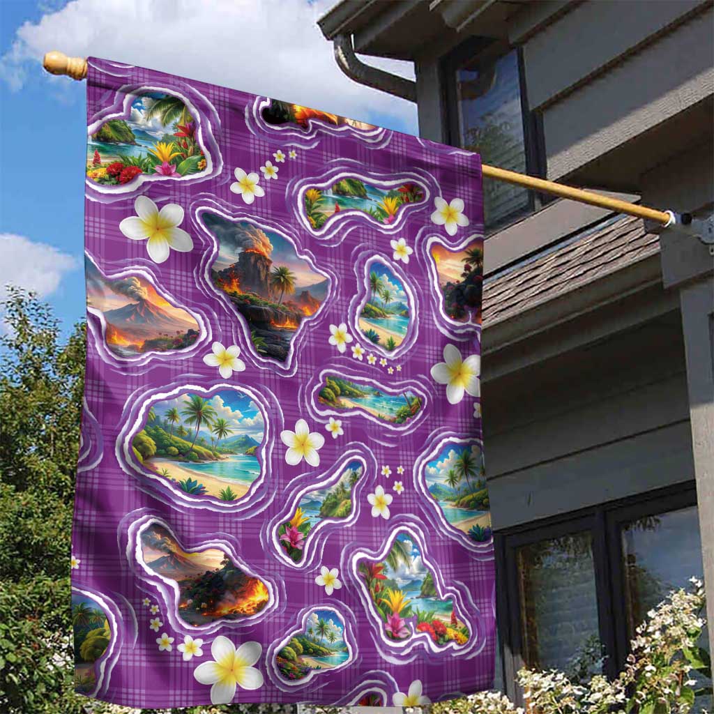 Hawaiian Island Shapes-Iconic Landscape Garden Flag with Plumeria and Palaka Purple Color