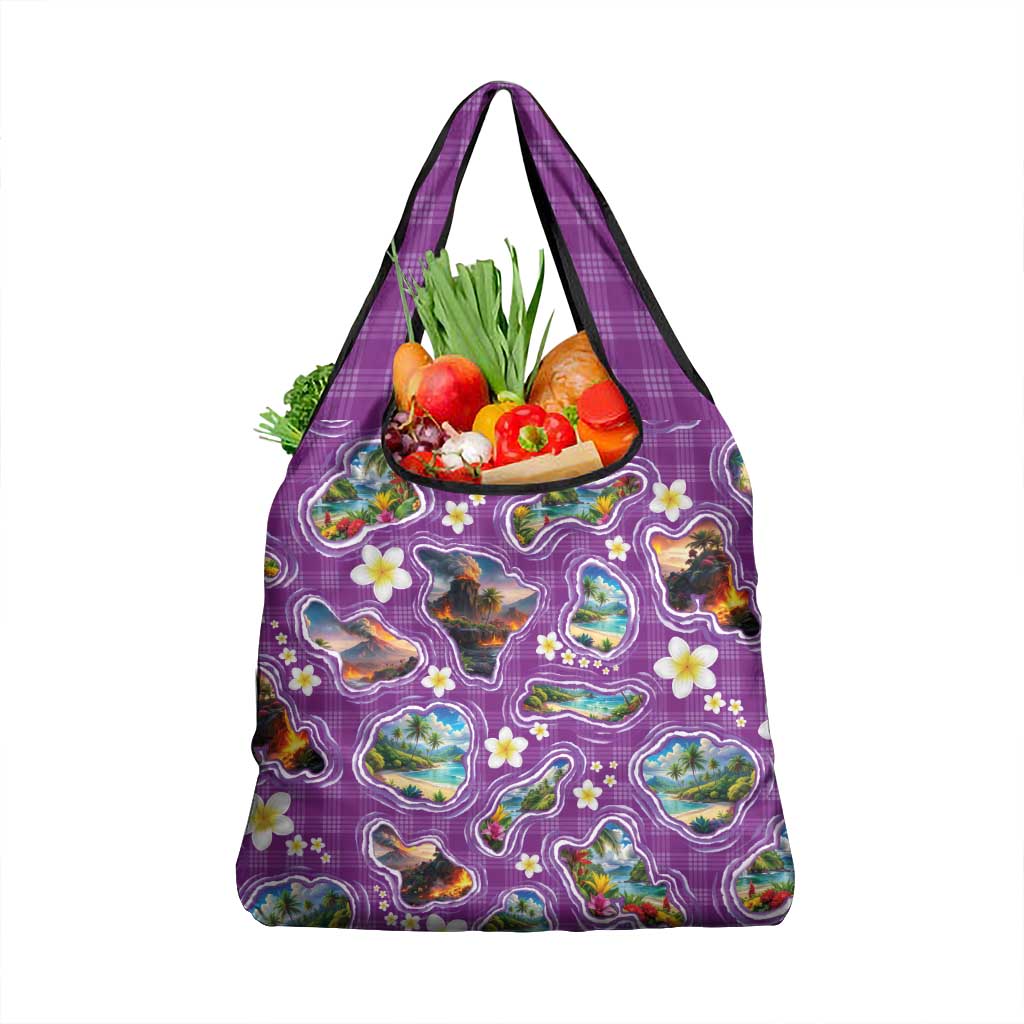 Hawaiian Island Shapes-Iconic Landscape Grocery Bag with Plumeria and Palaka Purple Color