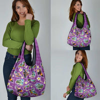 Hawaiian Island Shapes-Iconic Landscape Grocery Bag with Plumeria and Palaka Purple Color
