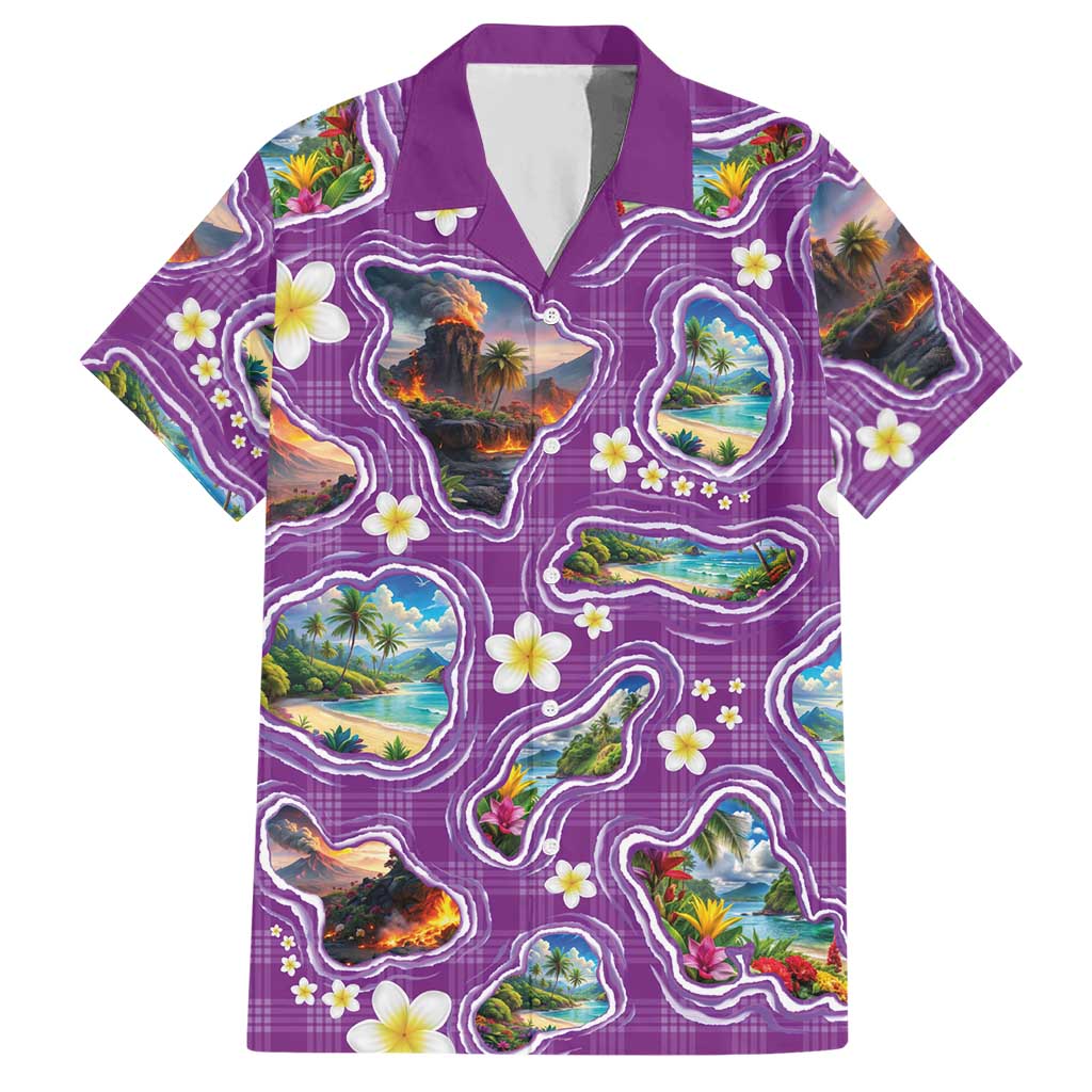 Hawaiian Island Shapes-Iconic Landscape Hawaiian Shirt with Plumeria and Palaka Purple Color