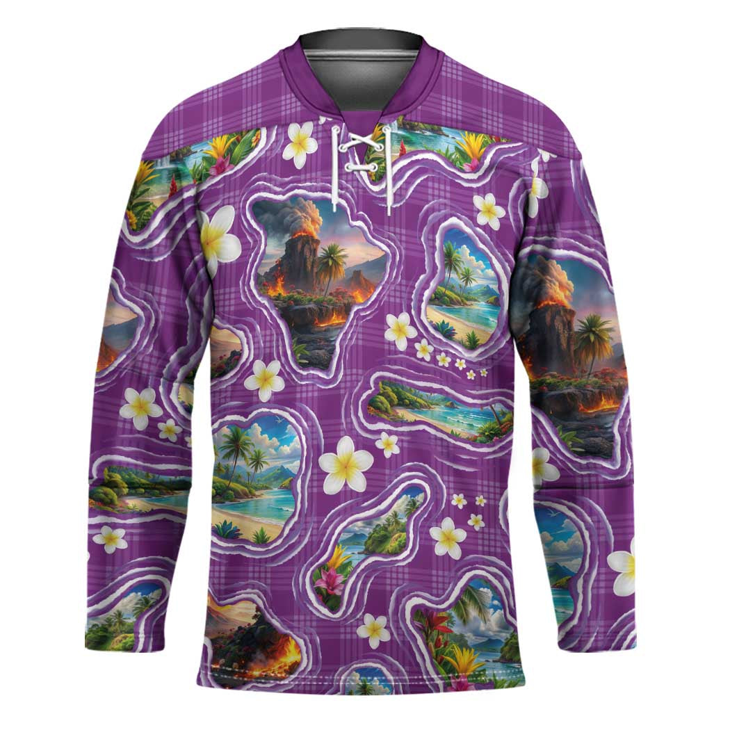 Hawaiian Island Shapes-Iconic Landscape Hockey Jersey with Plumeria and Palaka Purple Color LT03 Unisex Purple - Polynesian Pride