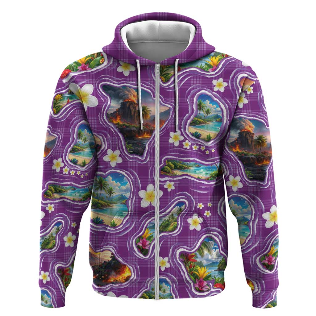 Hawaiian Island Shapes-Iconic Landscape Hoodie with Plumeria and Palaka Purple Color LT03 Zip Hoodie Purple - Polynesian Pride