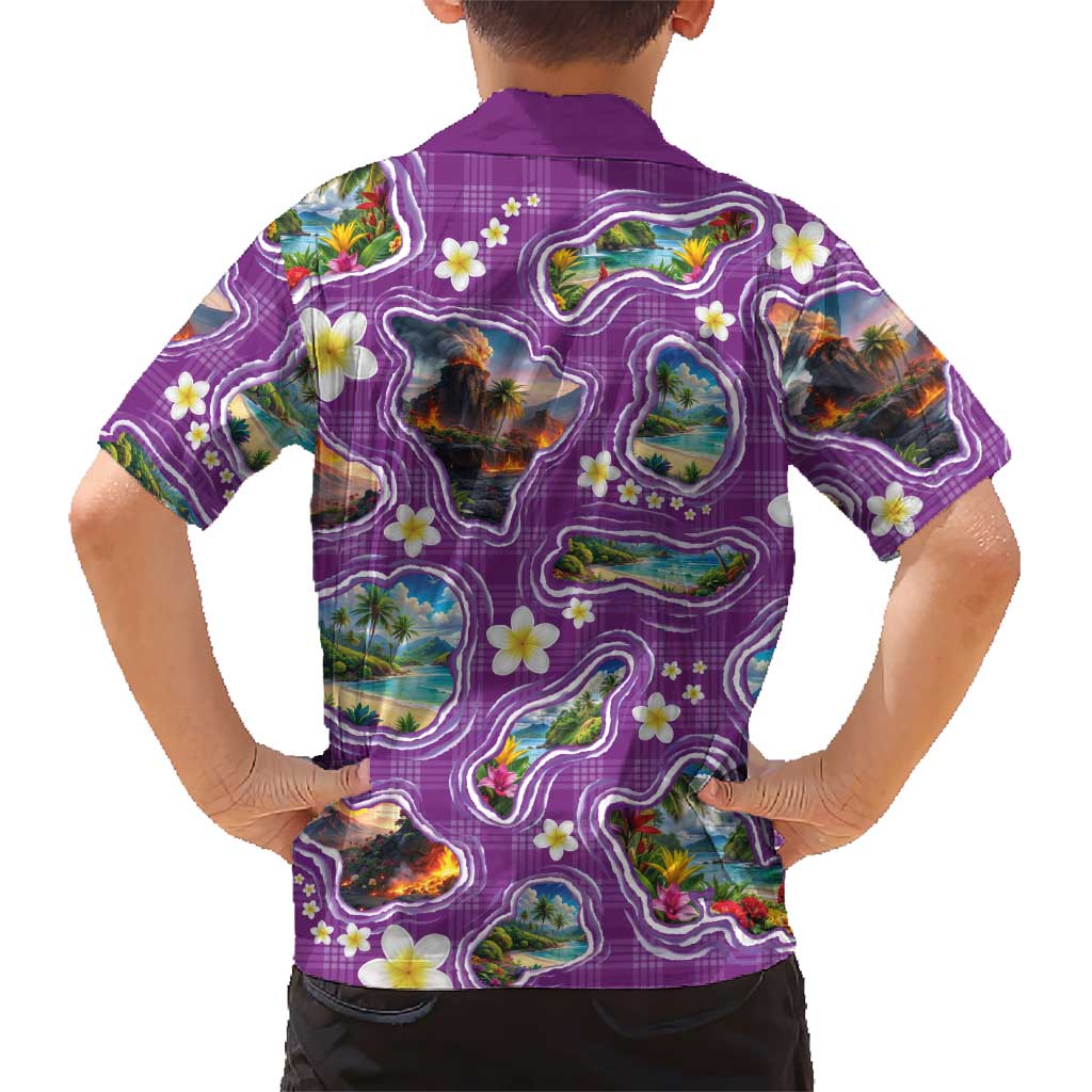 Hawaiian Island Shapes-Iconic Landscape Kid Hawaiian Shirt with Plumeria and Palaka Purple Color LT03 - Polynesian Pride