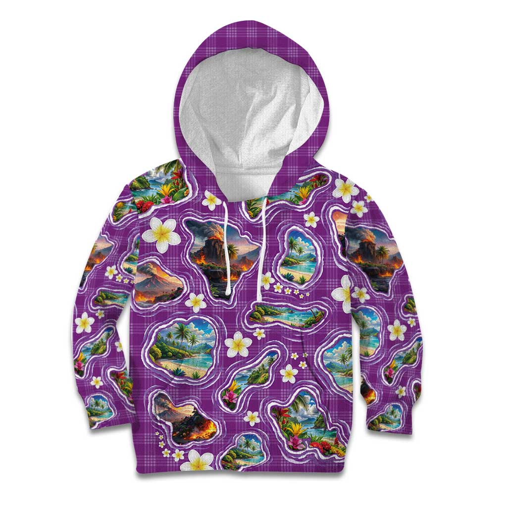 Hawaiian Island Shapes-Iconic Landscape Kid Hoodie with Plumeria and Palaka Purple Color