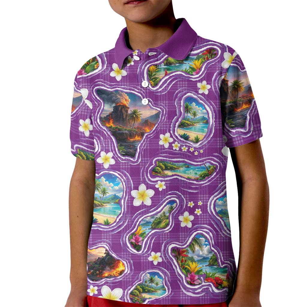 Hawaiian Island Shapes-Iconic Landscape Kid Polo Shirt with Plumeria and Palaka Purple Color LT03 Kid Purple - Polynesian Pride