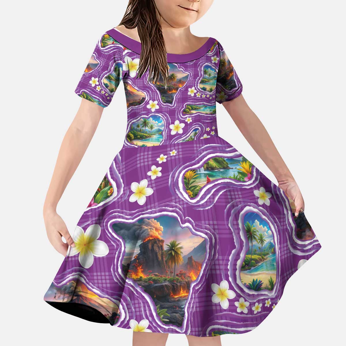 Hawaiian Island Shapes-Iconic Landscape Kid Short Sleeve Dress with Plumeria and Palaka Purple Color LT03 KID Purple - Polynesian Pride