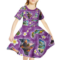 Hawaiian Island Shapes-Iconic Landscape Kid Short Sleeve Dress with Plumeria and Palaka Purple Color LT03 - Polynesian Pride