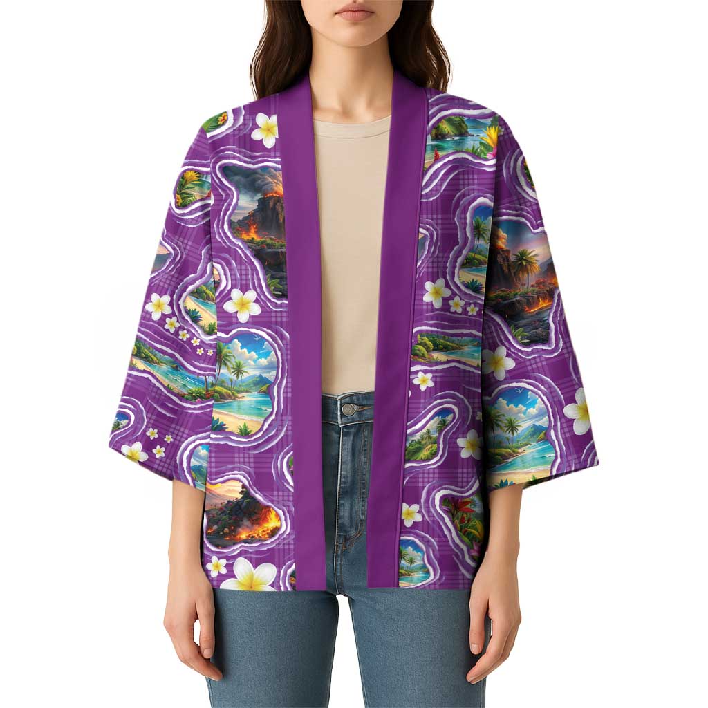 Hawaiian Island Shapes-Iconic Landscape Kimono with Plumeria and Palaka Purple Color