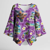 Hawaiian Island Shapes-Iconic Landscape Kimono Sleeve Blouse with Plumeria and Palaka Purple Color