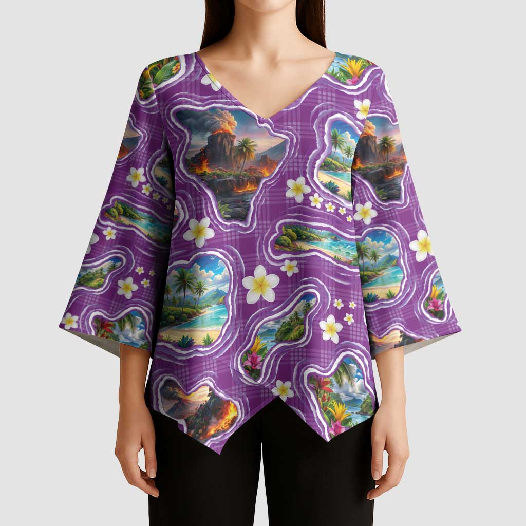 Hawaiian Island Shapes-Iconic Landscape Kimono Sleeve Blouse with Plumeria and Palaka Purple Color